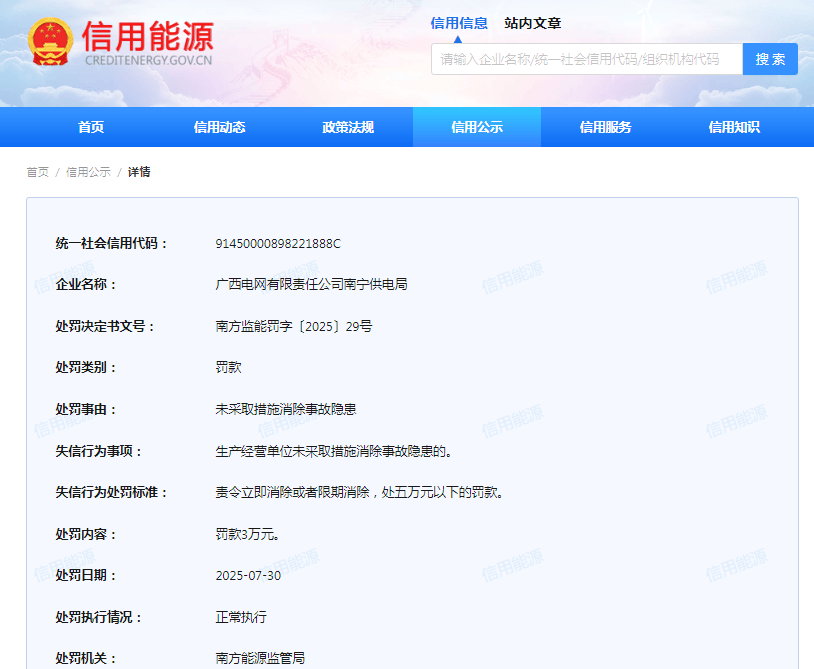 广西电网有限责任公司南宁供电局未采取措施消除事故隐患被罚